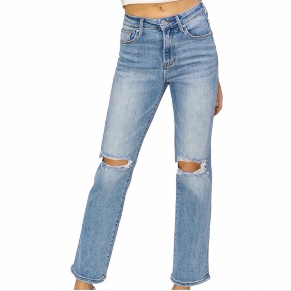 New Risen Women's Light Blue Distressed Straight-Leg Jeans